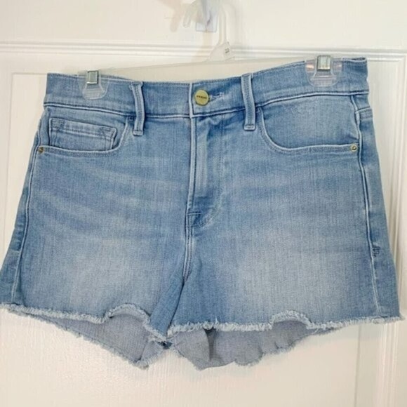 FRAME Le Cutoff Fountain Hi Waist Med Wash Pocket Zip Raw Hem Distressed Shorts - Picture 1 of 9